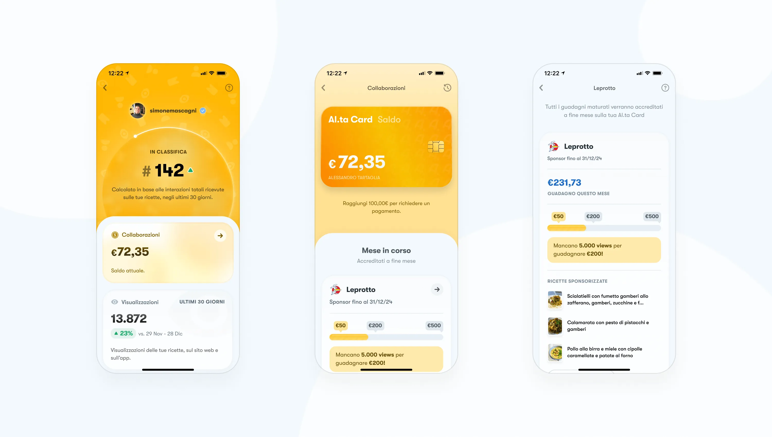 Three creator-dashboard screens: leaderboard rank with monthly views, Al.ta Card balance with active sponsor, and per-sponsor tier progress (€50 / €200 / €500).