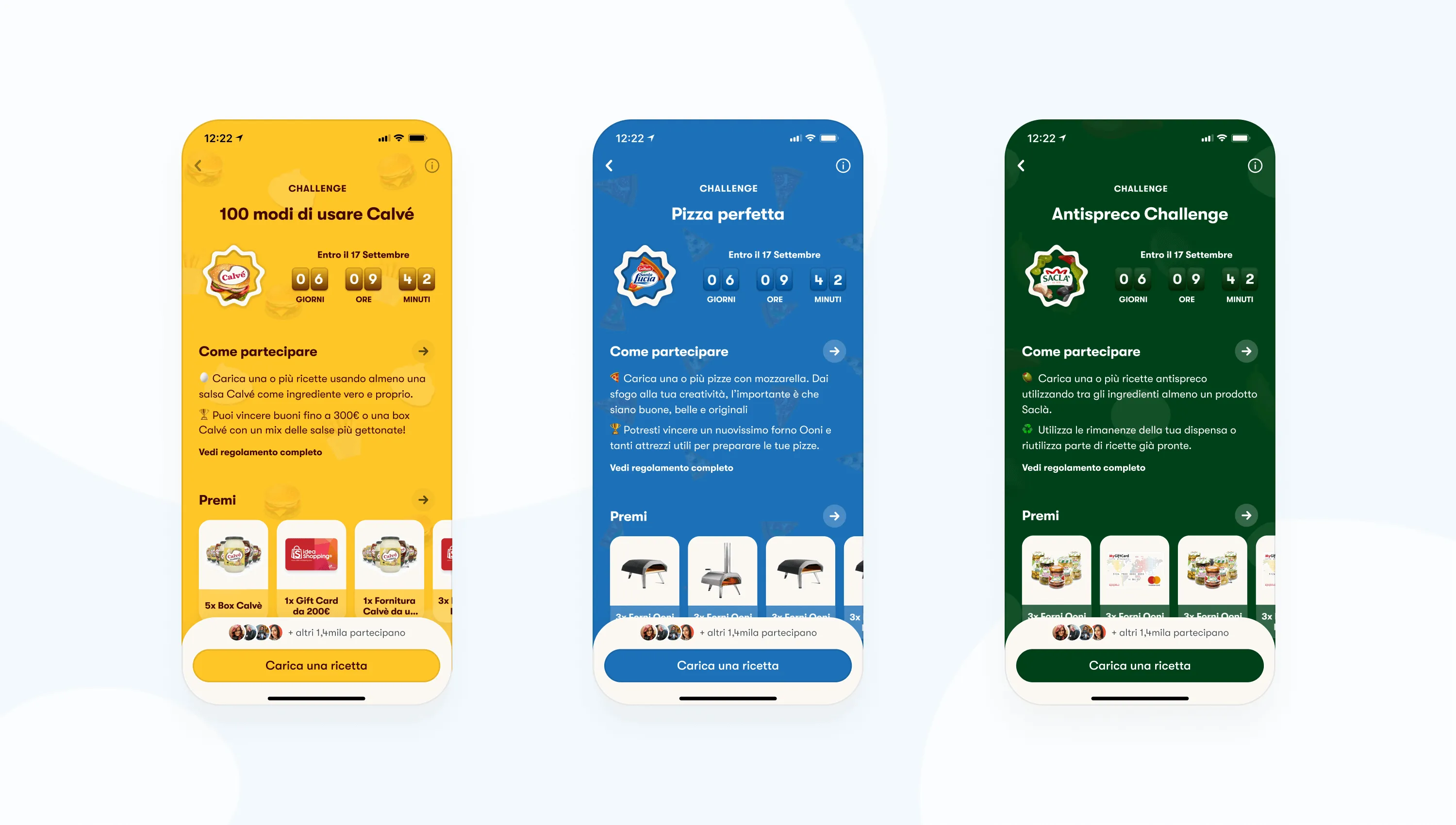Three Recipe Challenge screens in the Al.ta Cucina app: Calvé (100 ways to use), Pizza Perfetta, and Antispreco.