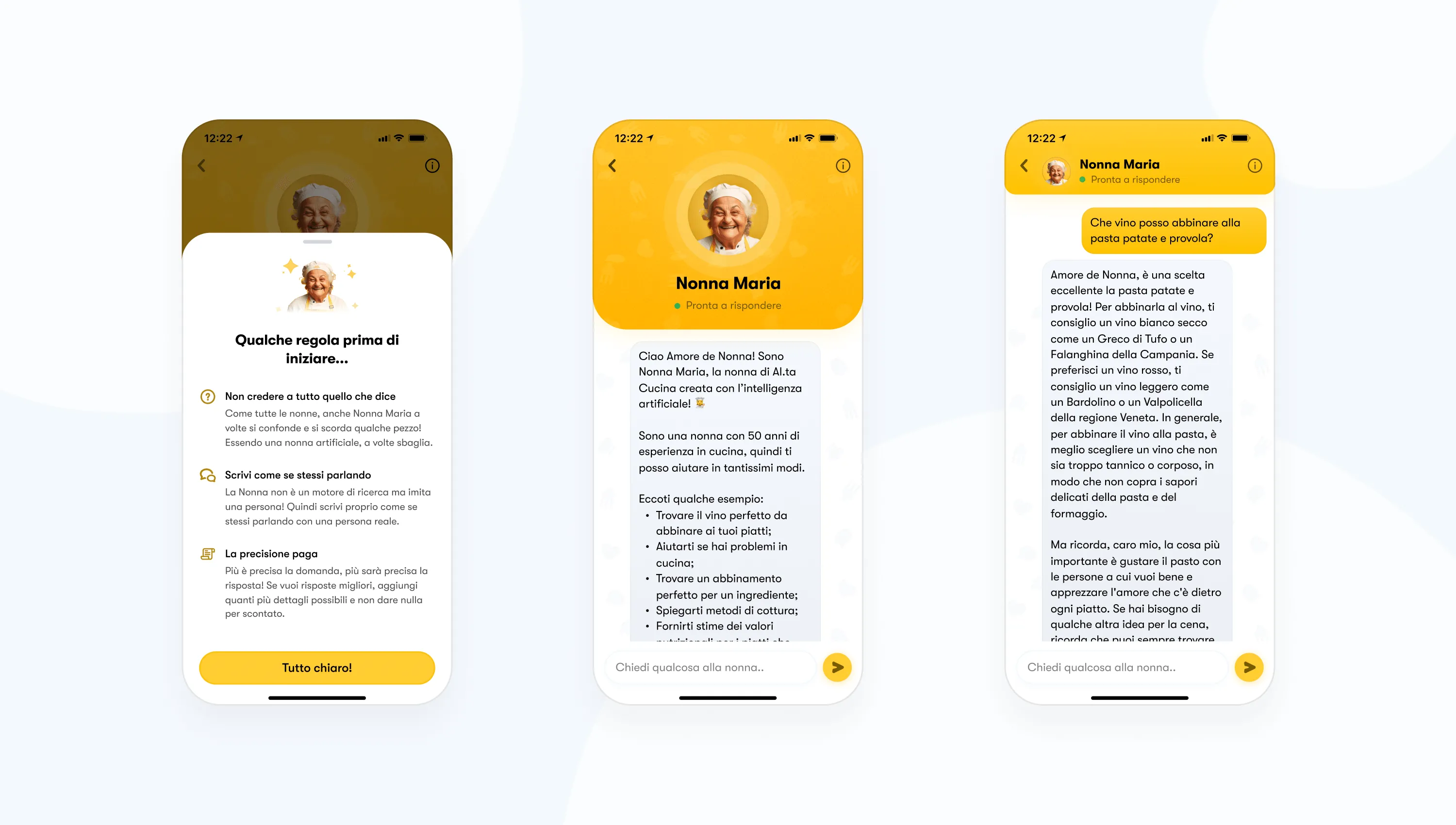 Three screens of the Nonna Maria AI feature: onboarding rules, an intro from Nonna Maria, and a wine-pairing chat exchange.