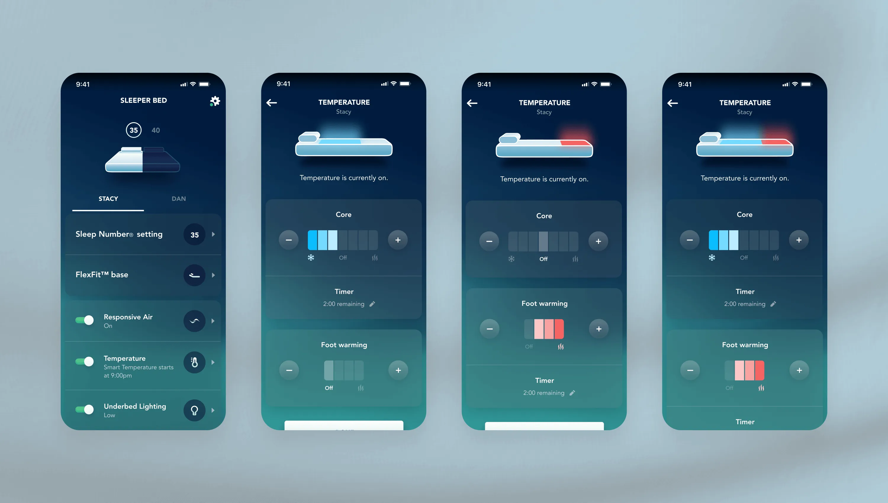 Climate 360 temperature control screens: cooling, warming, and dual-zone live