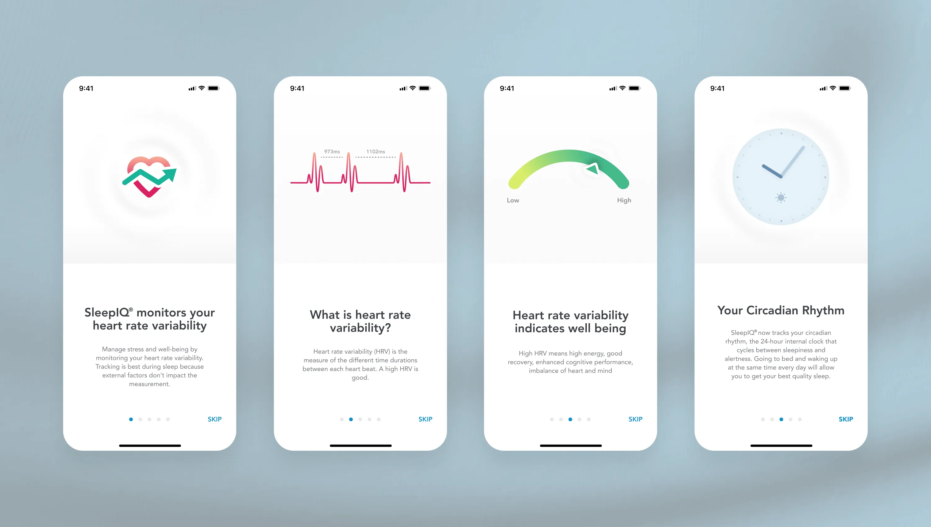 HRV onboarding carousel with custom illustrations