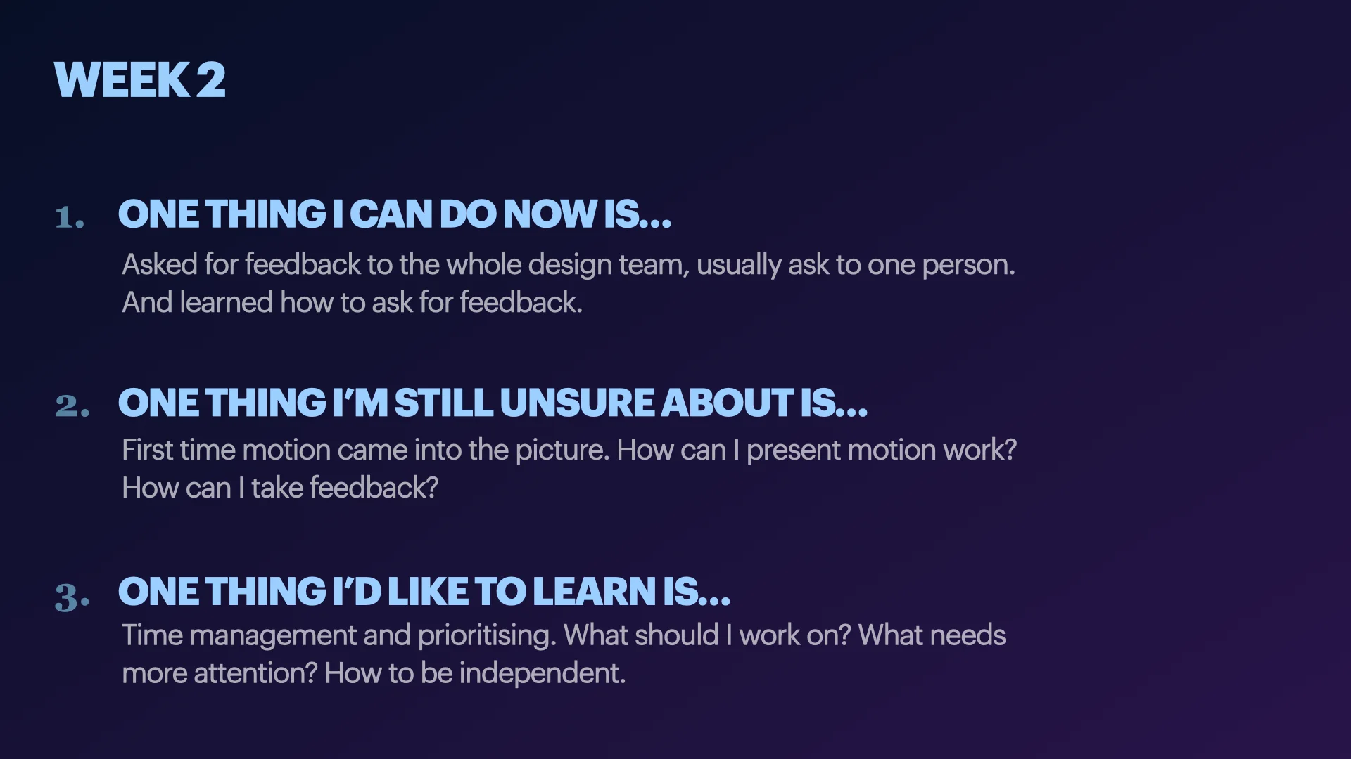 Tam's Week 2 review slide with three prompts: One thing I can do now, One thing I'm still unsure about, One thing I'd like to learn
